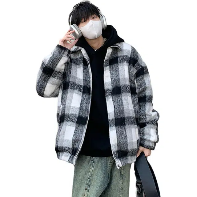 物质公式 美式高街复古加厚羊羔绒保暖舒适格子扎染痞帅嘻哈趣味长袖棉衣外套休闲宽松百搭小香风落肩垂感翻领棉服 男女同款