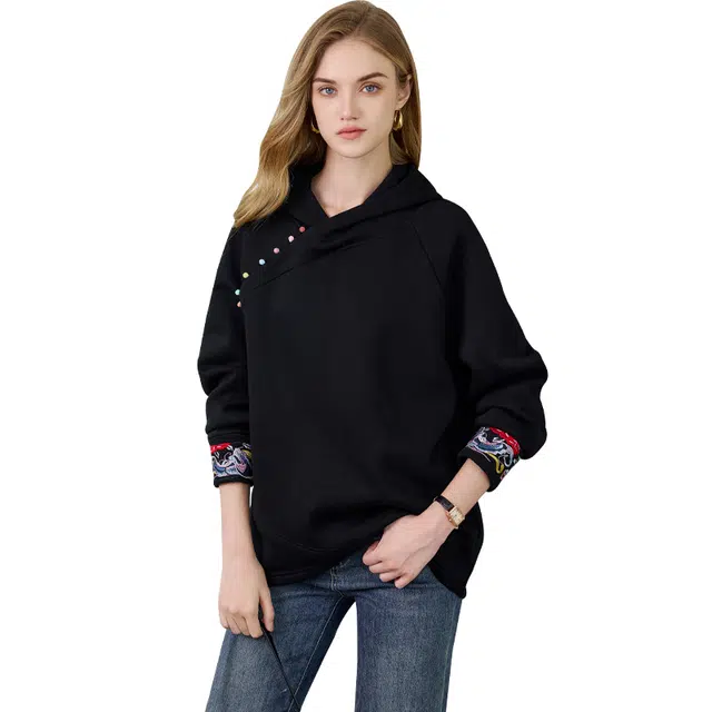 她池 连帽民族风刺绣宽松休闲卫衣 女款 黑色