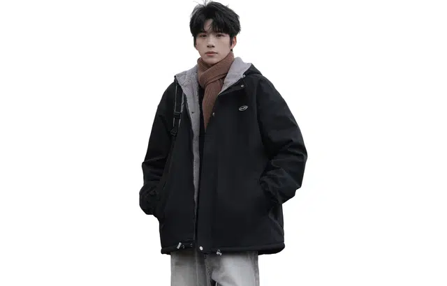 寻星记 美式复古高街宽松休闲百搭日系学院风基础款纯色字母印花贴标羊羔绒加厚保暖休闲连帽棉服 男女同款