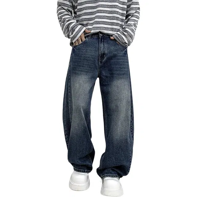帝狼牛 美式复古潮流做旧水洗简约日常百搭阔腿拖地垂感牛仔裤  男女同款