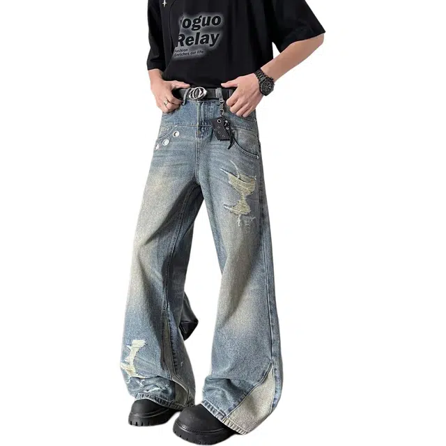 沃马 美式潮流百搭舒适时尚简约中腰宽松弯刀适中拉链无弹力长裤牛仔裤 男女同款 蓝色