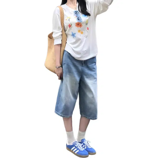 徐百货 美式夏季薄款宽松七分裤直筒百搭中裤潮流牛仔短裤 男女同款