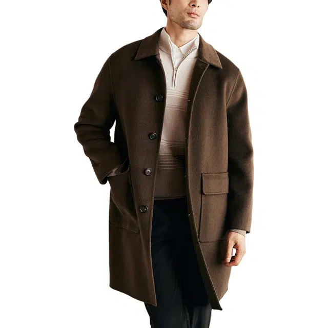 丹宁哲学 厚实纯羊毛双面呢纯色常规长袖翻领大衣 男款