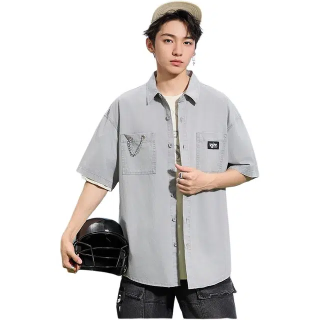 三福 净色简潮短款翻领短袖衬衫 男款