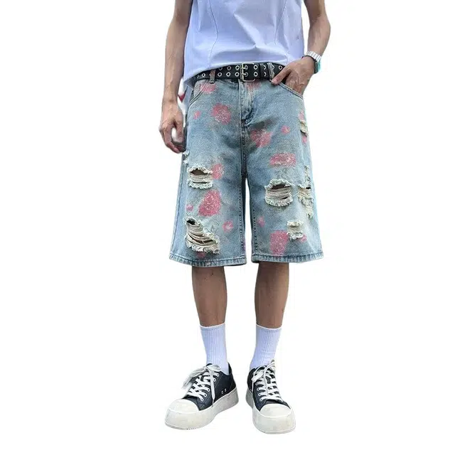 佐菲利 玫瑰花卉满印破洞夏季美式复古设计感五分裤痞帅宽松直筒裤牛仔短裤 男女同款