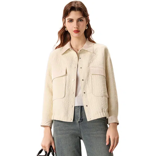 粉红玛琍 纯色翻领宽松长袖夹克外套 女款 白色