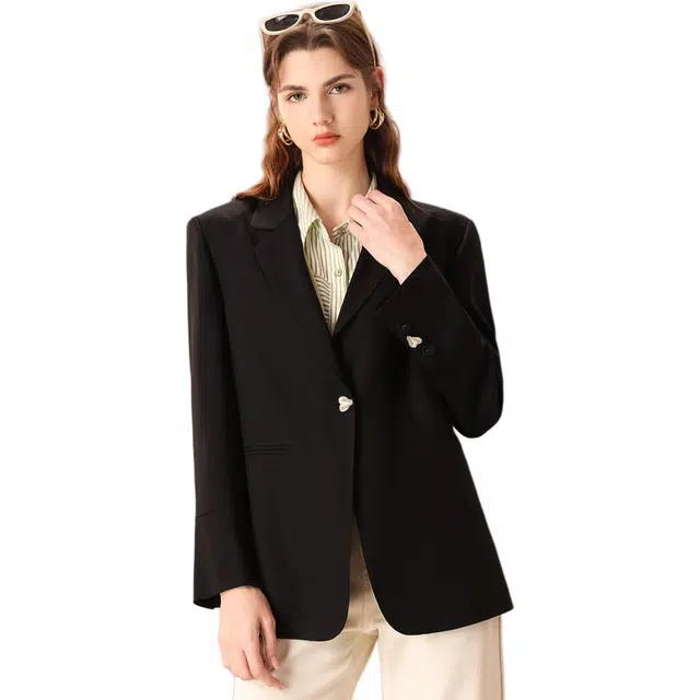 粉红玛琍 一粒扣舒适纯色简约西装 女款 黑色