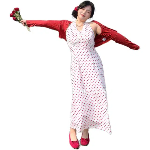 哒头下雨不愁 法式气质显瘦纯色圆领高腰长袖连衣裙 女款 红色