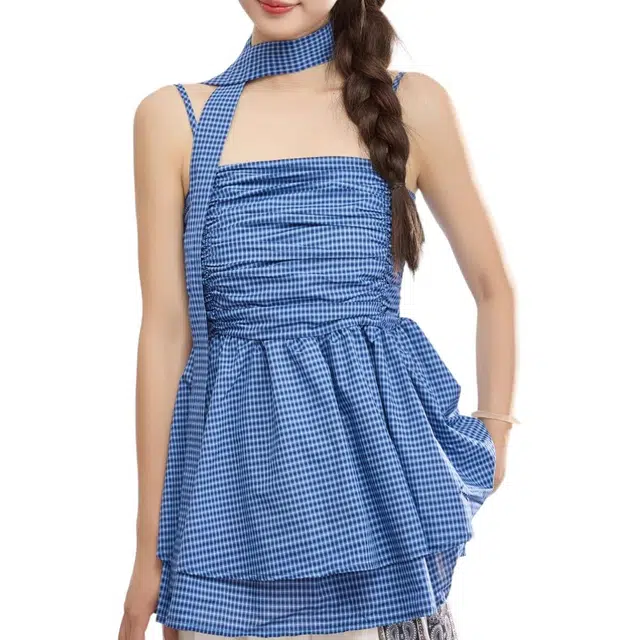 小卷要加油 复古格子设计感褶皱无袖背心小上衣吊带 女款