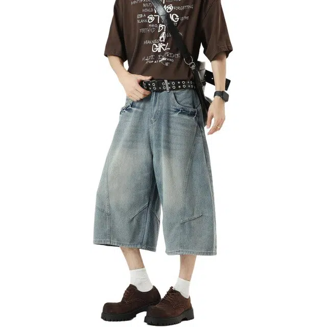 佐菲利 美式解构弯刀七分裤夏季宽松复古高级感直筒百搭阔腿牛仔短裤 男女同款
