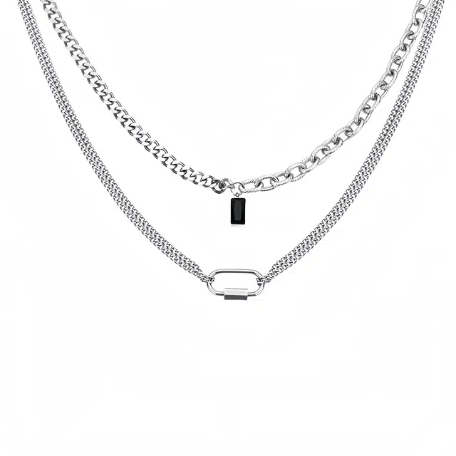 芊淑歆 嘻哈古巴双层拼接镶嵌潮小众设计复古 钛钢 项链 男款