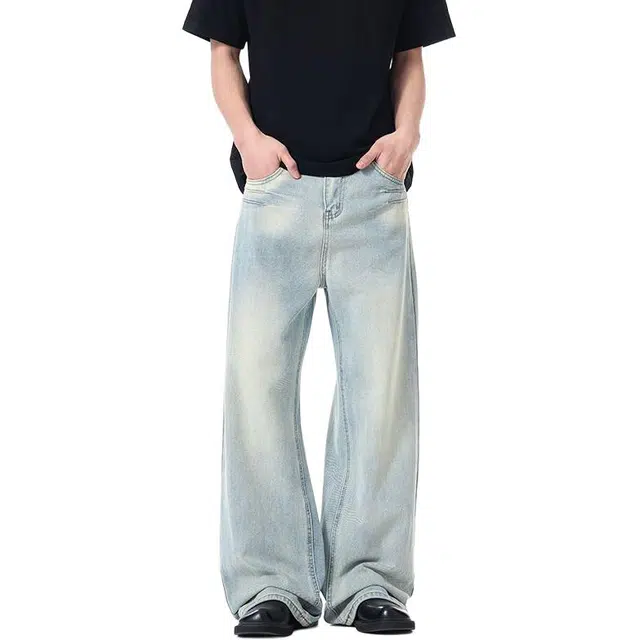 隐狼世家 潮牌简约美式宽松水洗做旧长裤子牛仔裤 男款 蓝色