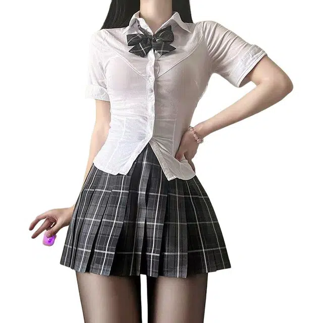 小卷要加油 通勤收腰衬衫上衣学院风修身短袖半身裙两件套裙装套装 女款