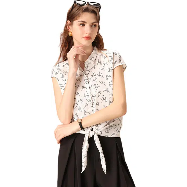 粉红玛琍 简约舒适气质系带短袖衬衫 女款