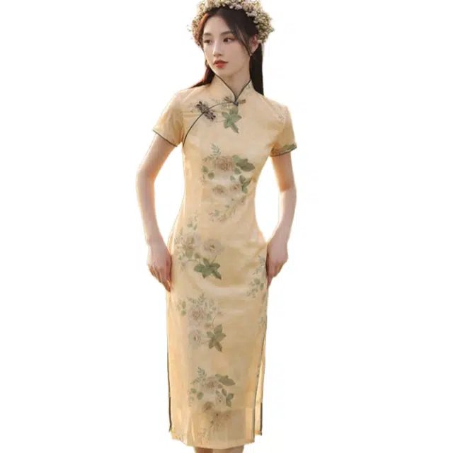 一碗士多 女夏季素雅复古中国风花朵中长款年轻款改良连衣裙旗袍 女款
