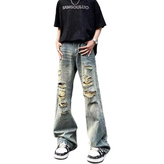 颂希尔 美式高街复古破洞宽松直筒潮牌痞帅设计感牛仔裤 男女同款