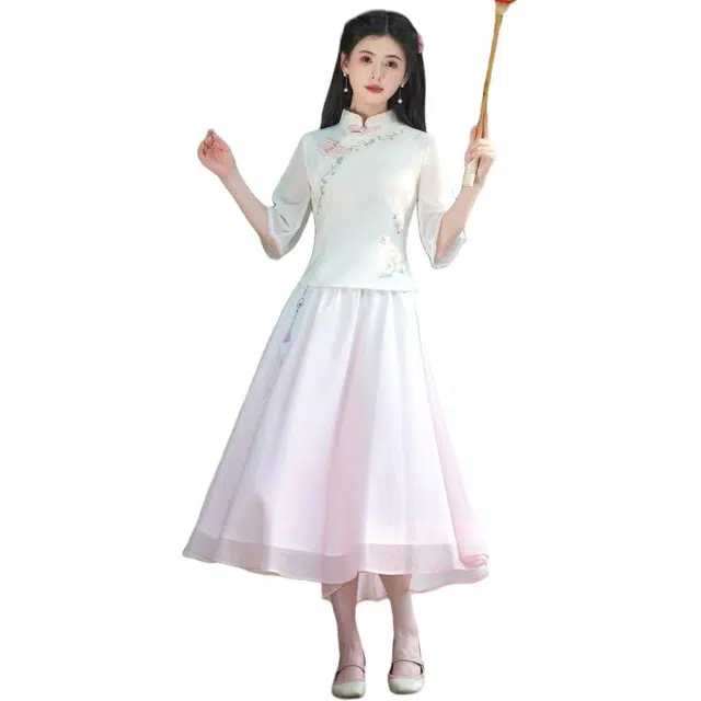 丝絮丝绸 新中式国风立领修身复古文艺茶服上衣搭配淑女半身裙两件套裙装套装 女款