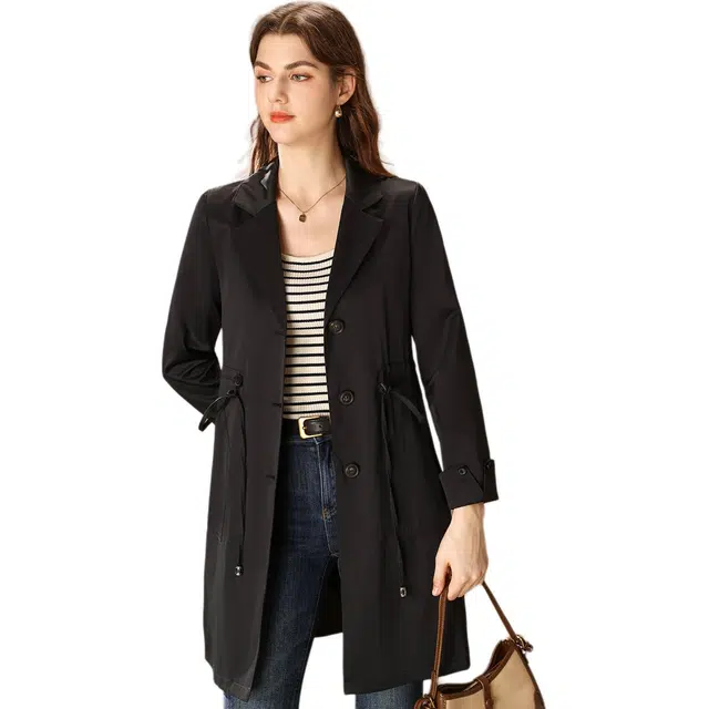 粉红玛琍 单排扣纯色长袖风衣 女款 黑色