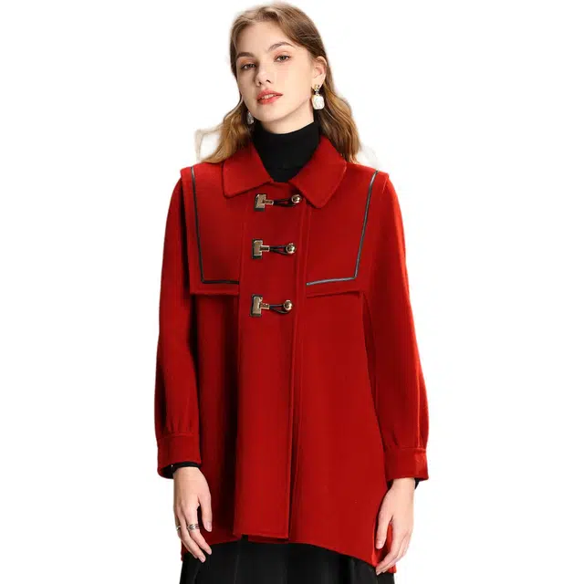 粉红玛琍 短款海军领简约大衣 女款 法国红