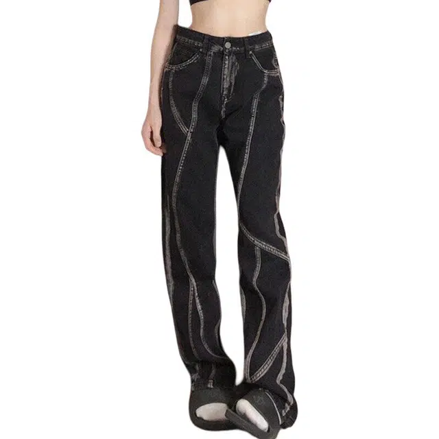 沃马 高级感美式高街拼接水洗扎染复古重工直筒牛仔裤 男女同款 黑色