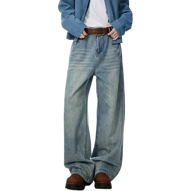 极限涡轮 美式做旧水洗垂感简约舒适牛仔裤 男女同款 浅蓝色