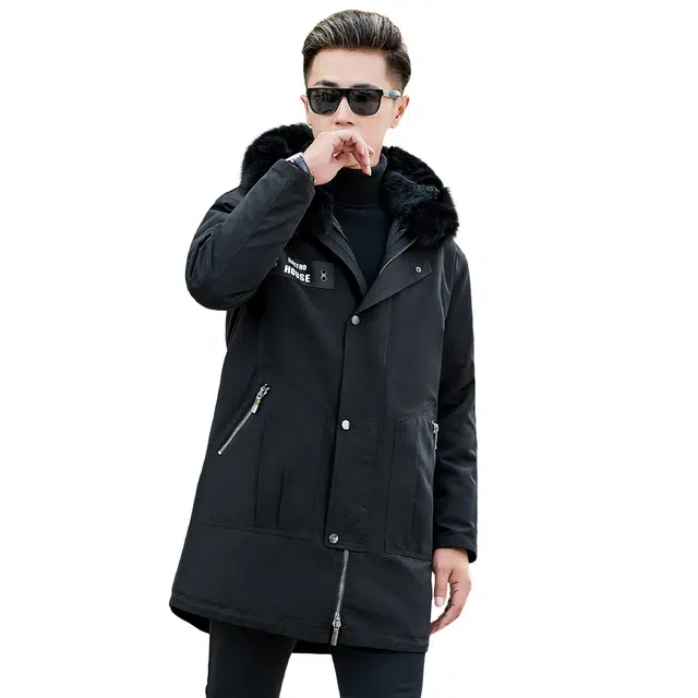 富铤 纯色加绒加厚兔毛内胆狐狸毛御寒防风保暖连帽拉链中长款长袖皮草 男款 黑色