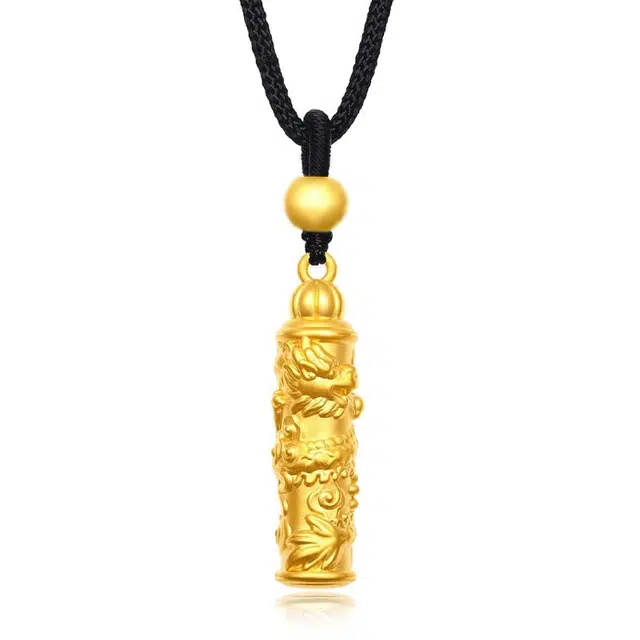 凤庙珠宝 盘龙柱吊坠 新中式国潮盘龙长条 小众雕纹龙年生肖龙 简约轻奢高级感 足金 一口价 黄金项链 男女同款情侣款