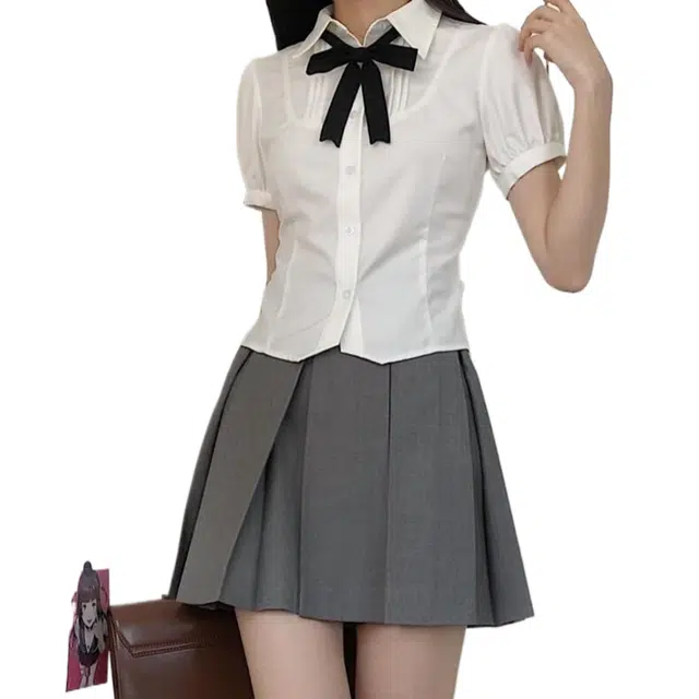 怪力萝莉 浪漫少女短袖衬衫日系甜美收腰收腰绑带衬衫裙装套装 女款
