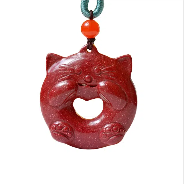 静汝玉 可爱卡通猫咪 朱砂 玉石项链 男女同款情侣款