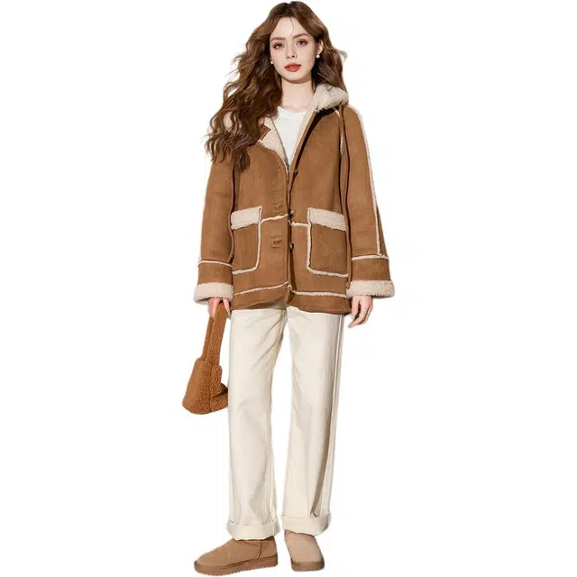 法文箱子 保暖连帽加绒加厚大衣 女款 浅咖