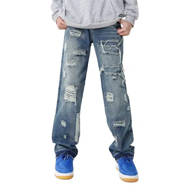 极限涡轮 高街破洞简约直筒牛仔裤 男女同款 蓝色