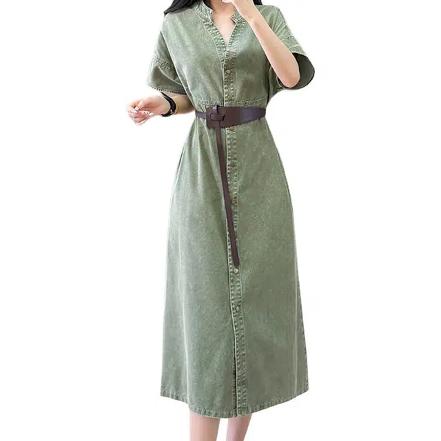 敲模女孩 法式慵懒风宽松收腰水洗做旧设计感牛仔短袖连衣裙 女款