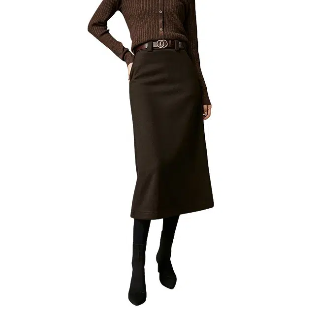 晚白 高腰加厚保暖纯色中长款包臀裙休闲长裙 女款 深棕色
