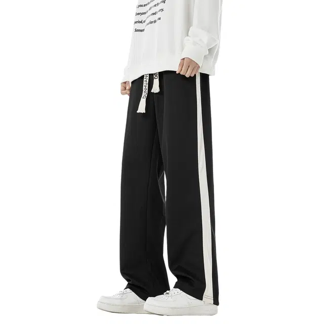 敦煌博物馆 美式简约撞色大码系带宽松直筒垂感拖地休闲裤 男女同款