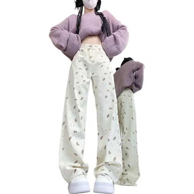 如续 美式可爱小熊印花简约百搭设计感小众高腰宽松直筒阔腿长裤潮牛仔裤 女款