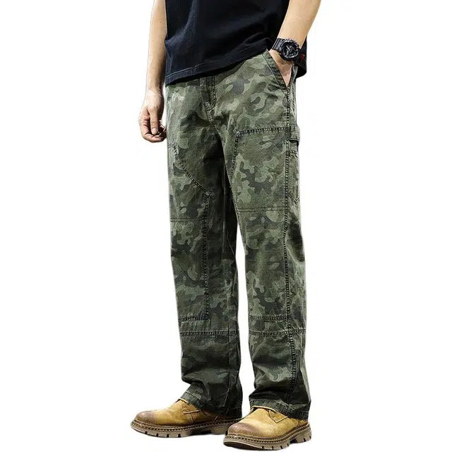 前进牛 美式高街户外机能潮牌经典迷彩纯棉拼接口袋长裤子百搭宽松直筒工装裤夏季休闲裤 男女同款