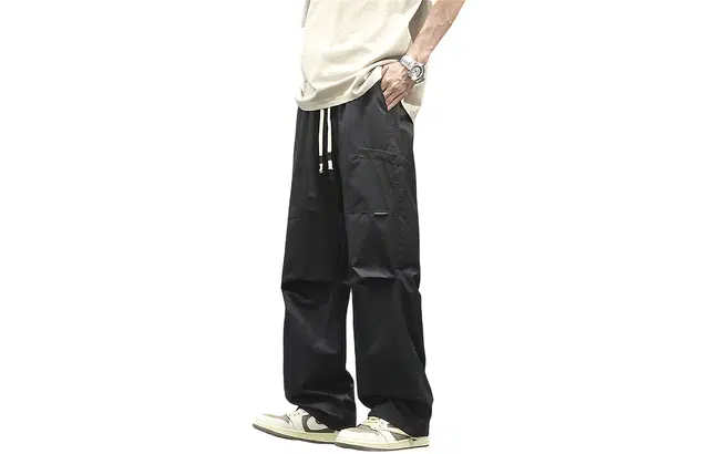 【dme】 日系潮流户外风纯色基础款简约宽松舒适顺滑冰丝凉感日常百搭松紧腰系带学院风梭织直筒休闲裤 男女同款