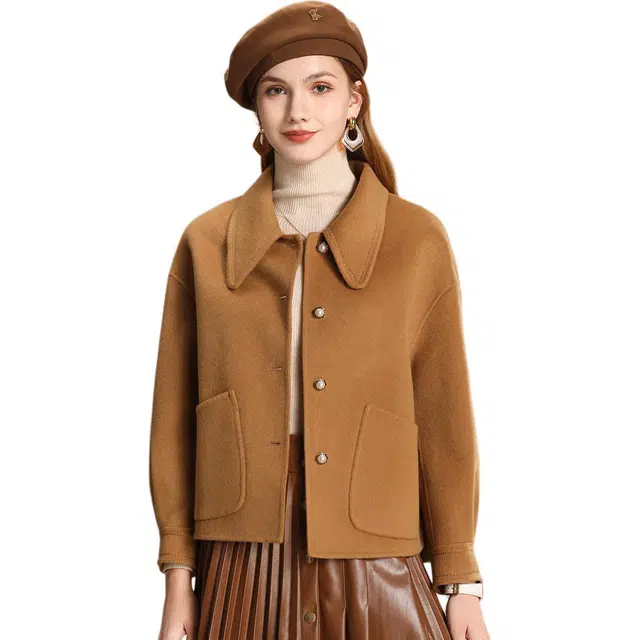 粉红玛琍 百搭翻领纯色保暖长袖大衣 女款 驼色