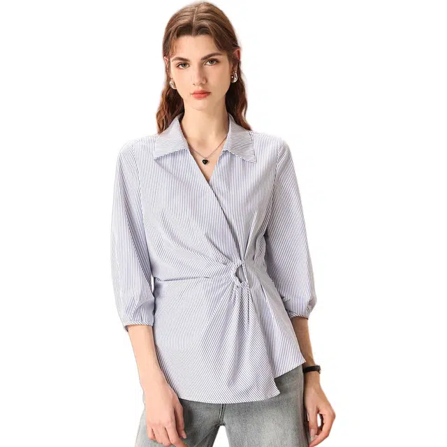 粉红玛琍 时尚翻领简约百搭收腰九分袖衬衫 女款 蓝白条