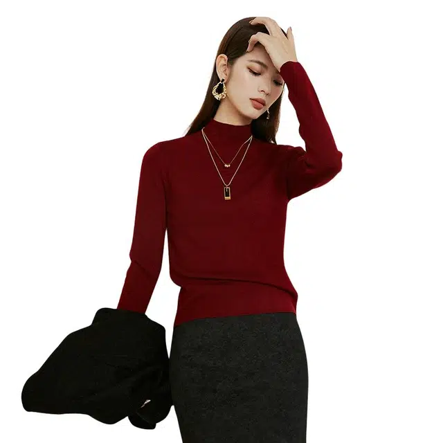 晚白 百搭休闲纯色针织衫 女款 酒红色