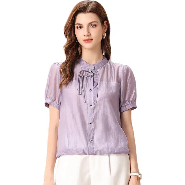 粉红玛琍 时尚立领纯色短袖衬衫 女款 紫色