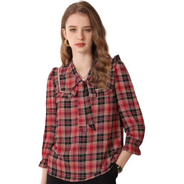 粉红玛琍 时尚格子休闲蝴蝶结系带领长袖衬衫 女款 红色