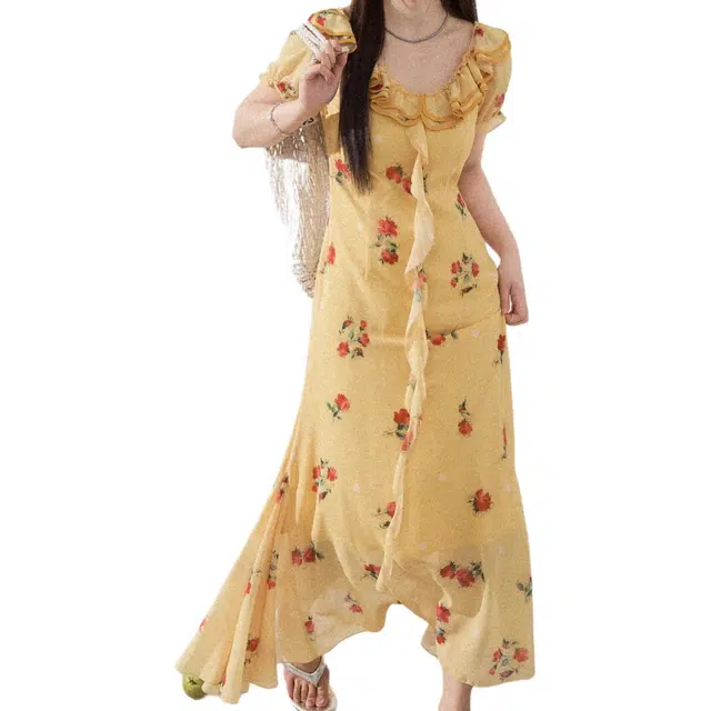 小卷要加油 气质玫瑰花花边海边碎花法式度假风鱼尾裙吊带连衣裙 女款