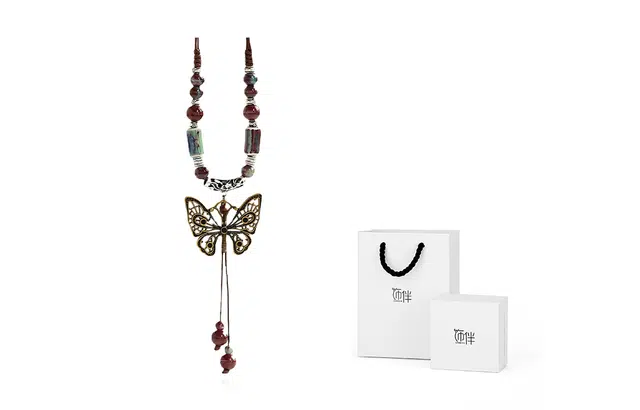 饰伴 文艺复兴民族风百搭胡蝶古韵新中国风中长款毛衣链 项链 女款