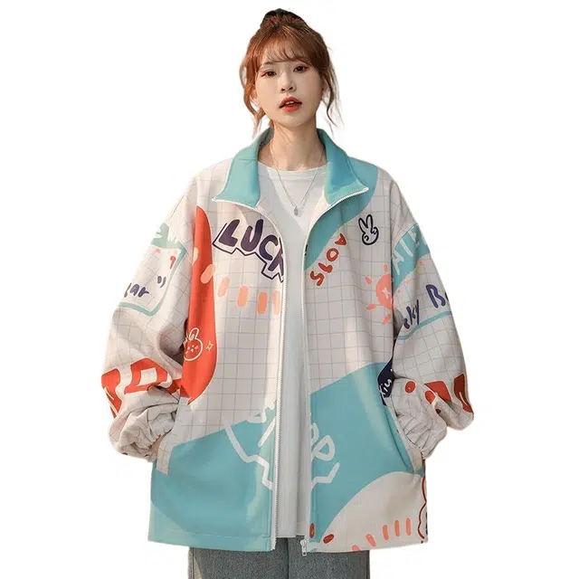 玉儿恋 涂鸦韩系高街宽松潮牌百搭夹克外套 女款 杏色