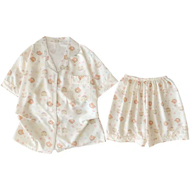 俏韵 翻领卡通小熊夏季甜美可爱短袖短裤夏天舒适薄款家居服可外穿睡衣套装 女款