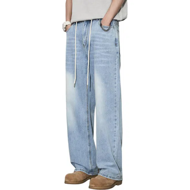 隐狼世家 设计感猫须直筒宽松中腰长裤牛仔裤 男款