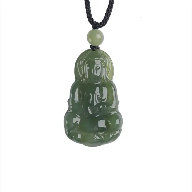 幸囍礼 新中式国风观音菩萨 守护佛玉佩挂坠 复古招财转运国潮精致雕刻玉坠 和田玉 项链 男女同款情侣款 青玉