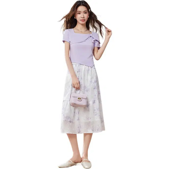 爱依服 清新法式温柔气质通勤百搭短袖上衣半身裙裙装套装 女款