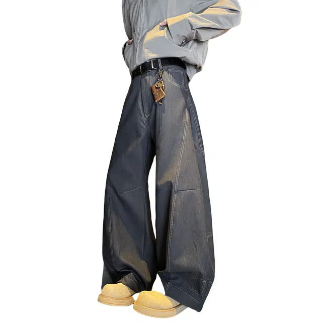 加荣 美式解构拼接弯刀夏季轻薄透气潮牌青少年户外出行百搭宽松直筒阔腿拖地裤牛仔裤 男女同款